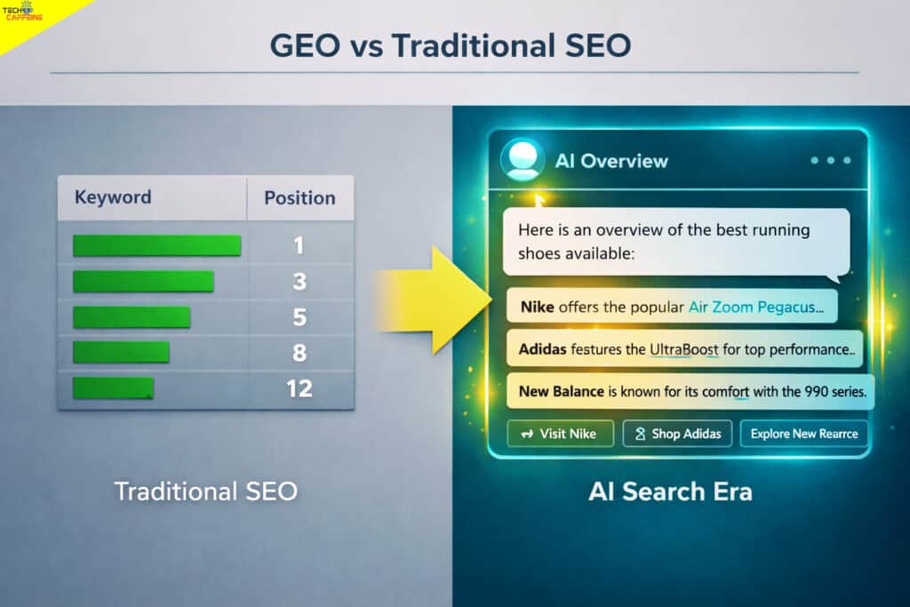 Illustration of AI search analytics comparing GEO tracking and traditional SEO methods in 2026.