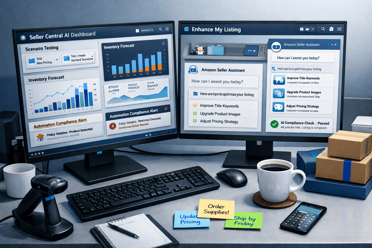 AI tools for Amazon sellers dashboard on computer screen.