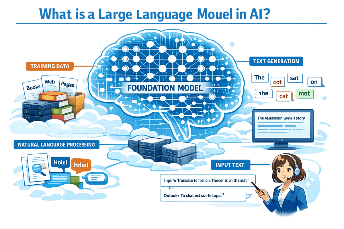 Illustration of a large language model in AI with training data, text generation, and natural langua.