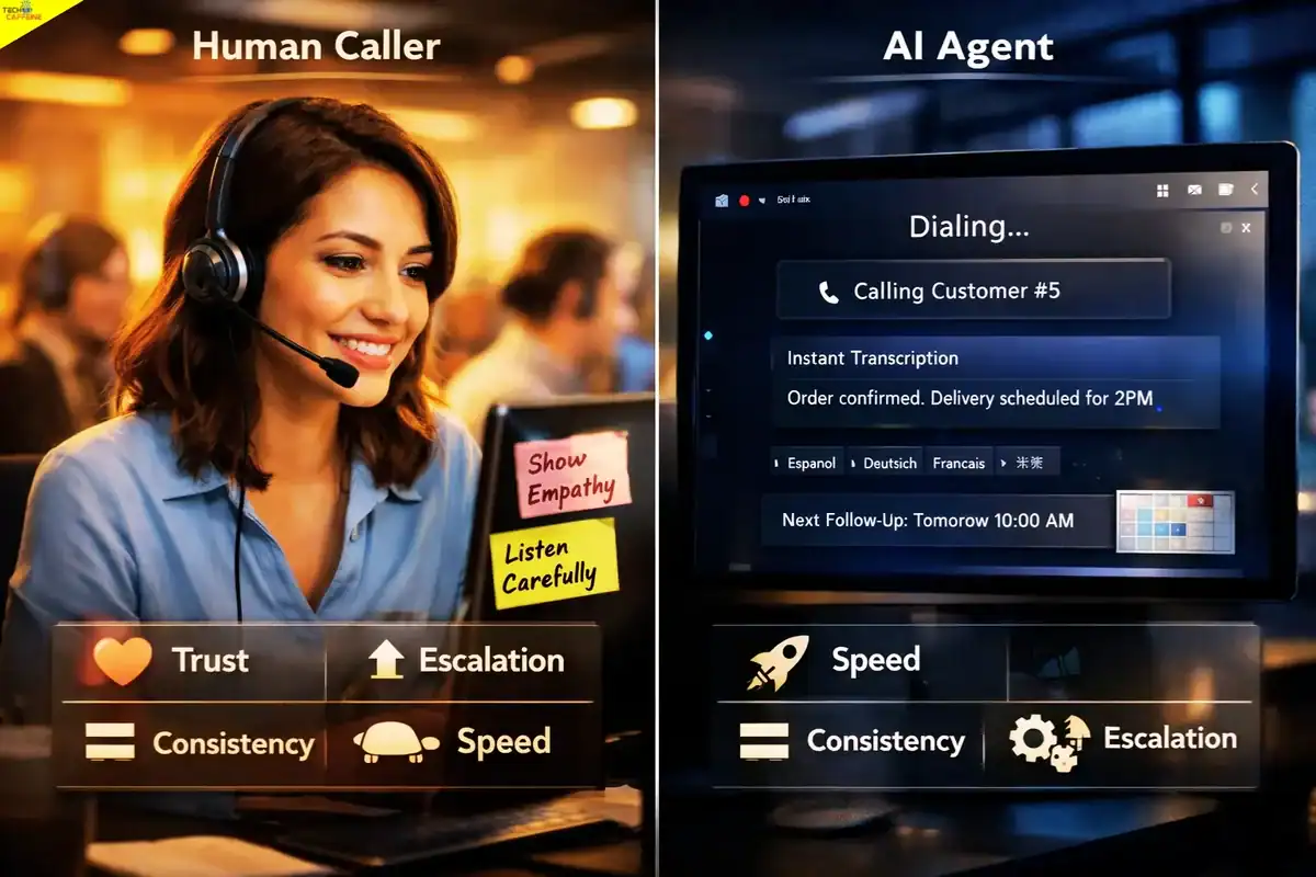 AI agent vs human caller outbound calls comparison showing speed, trust and consistency