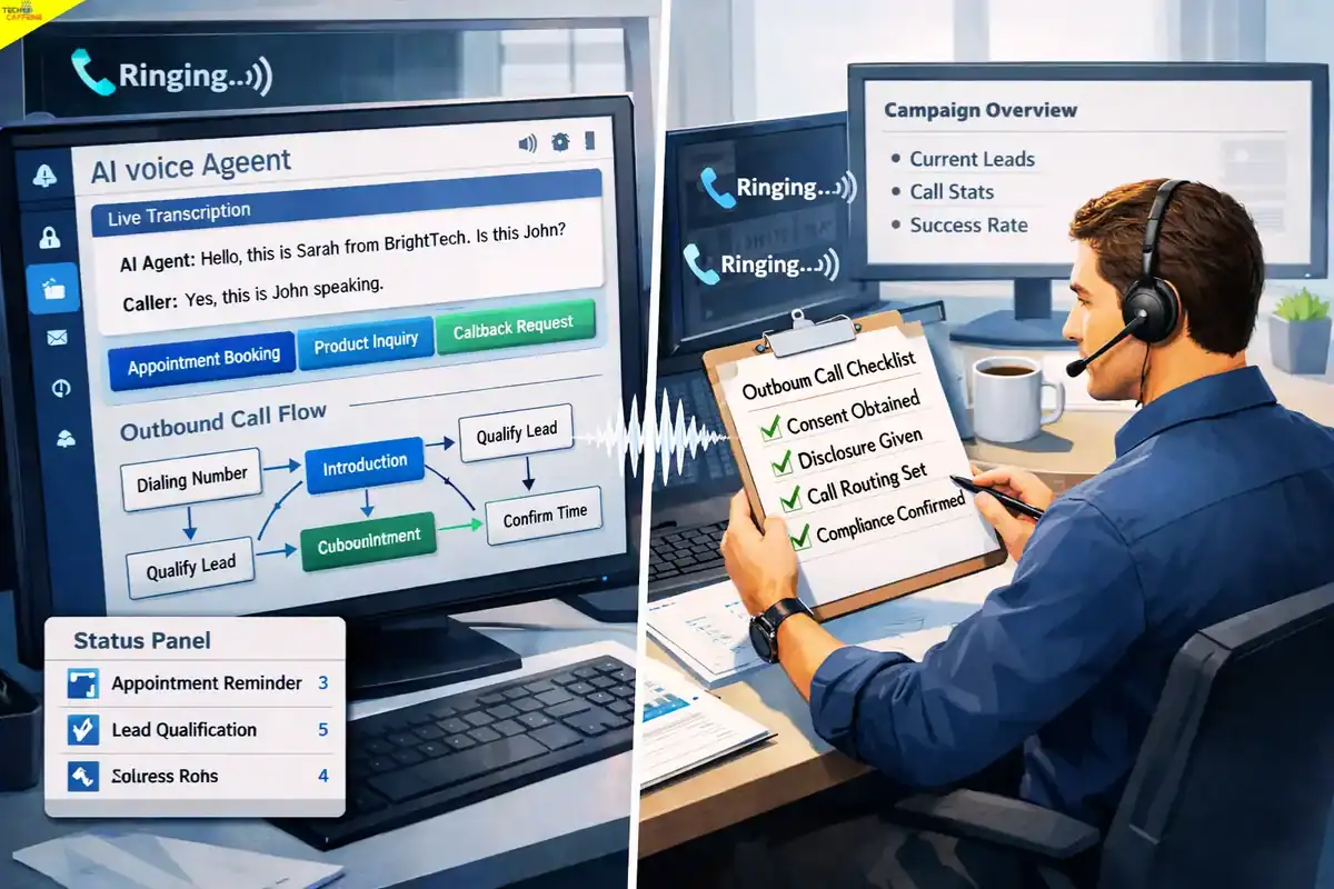 AI voice agent outbound call flow with live transcription and compliance checklist