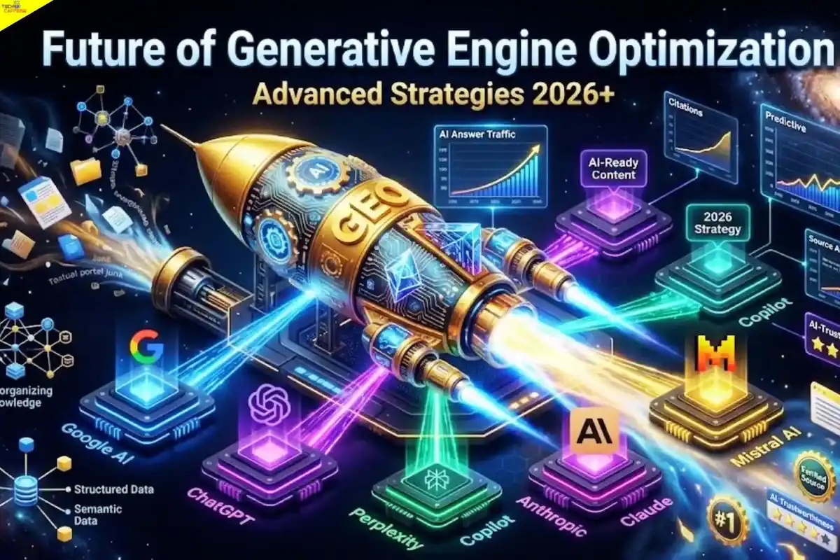 Generative Engine Optimization (GEO) illustration showing AI-powered content optimization across Google AI, ChatGPT, Perplexity, and Copilot for ranking in AI search results in 2026
