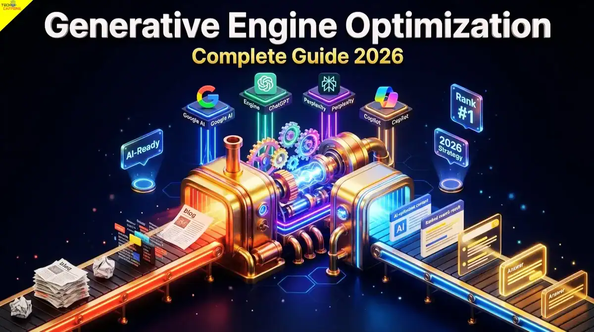 Generative Engine Optimization (GEO) process showing AI transforming blog content into AI-generated answers across Google AI, ChatGPT, Perplexity, and Copilot