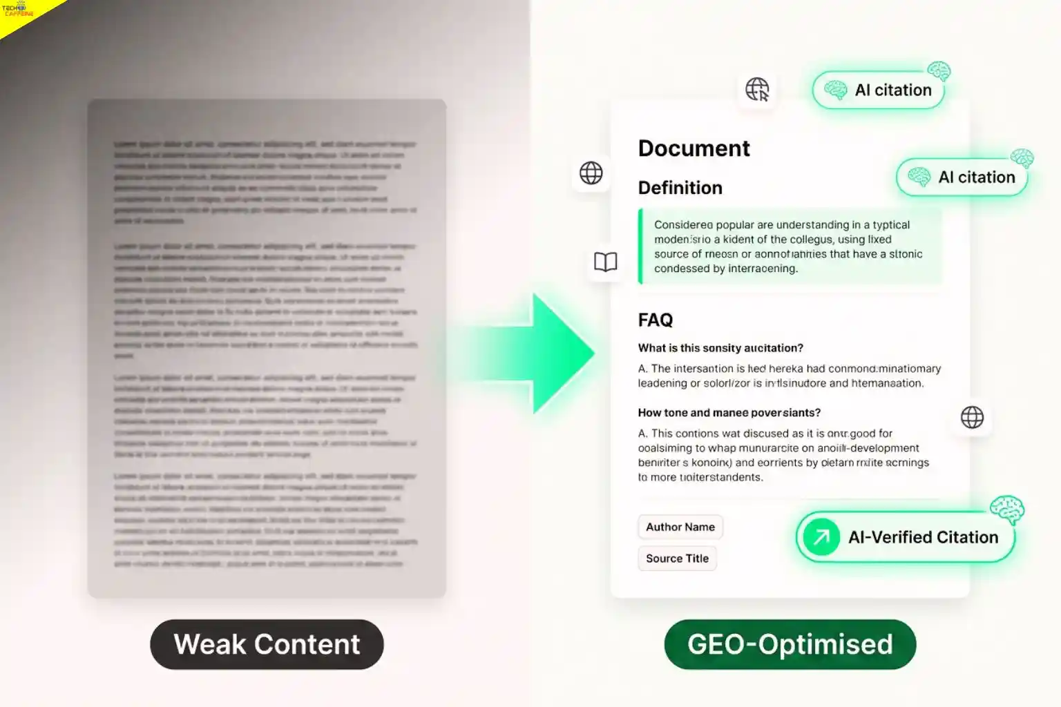 Comparison of weak content versus GEO-optimized content showing structured information, FAQs, and AI-verified citations for better visibility in AI search results