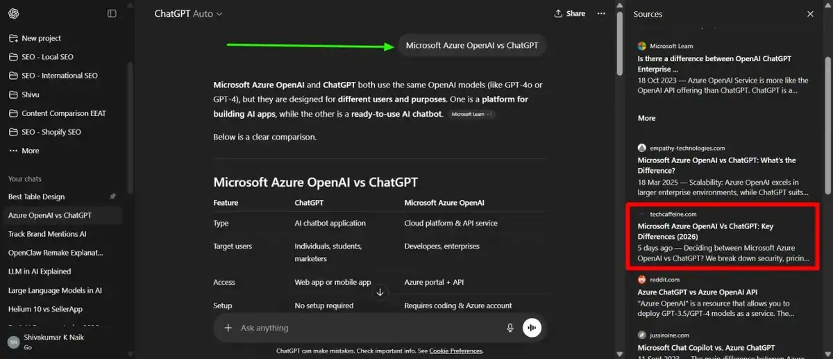 ChatGPT Search citing TechCaffeine alongside Microsoft Learn