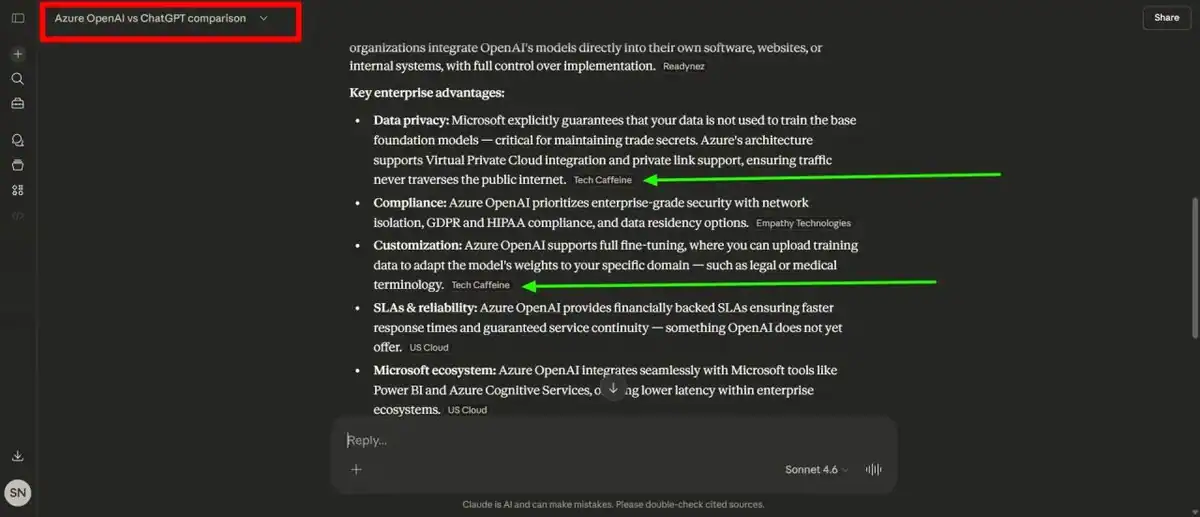 Claude citing TechCaffeine twice for Azure OpenAI comparison