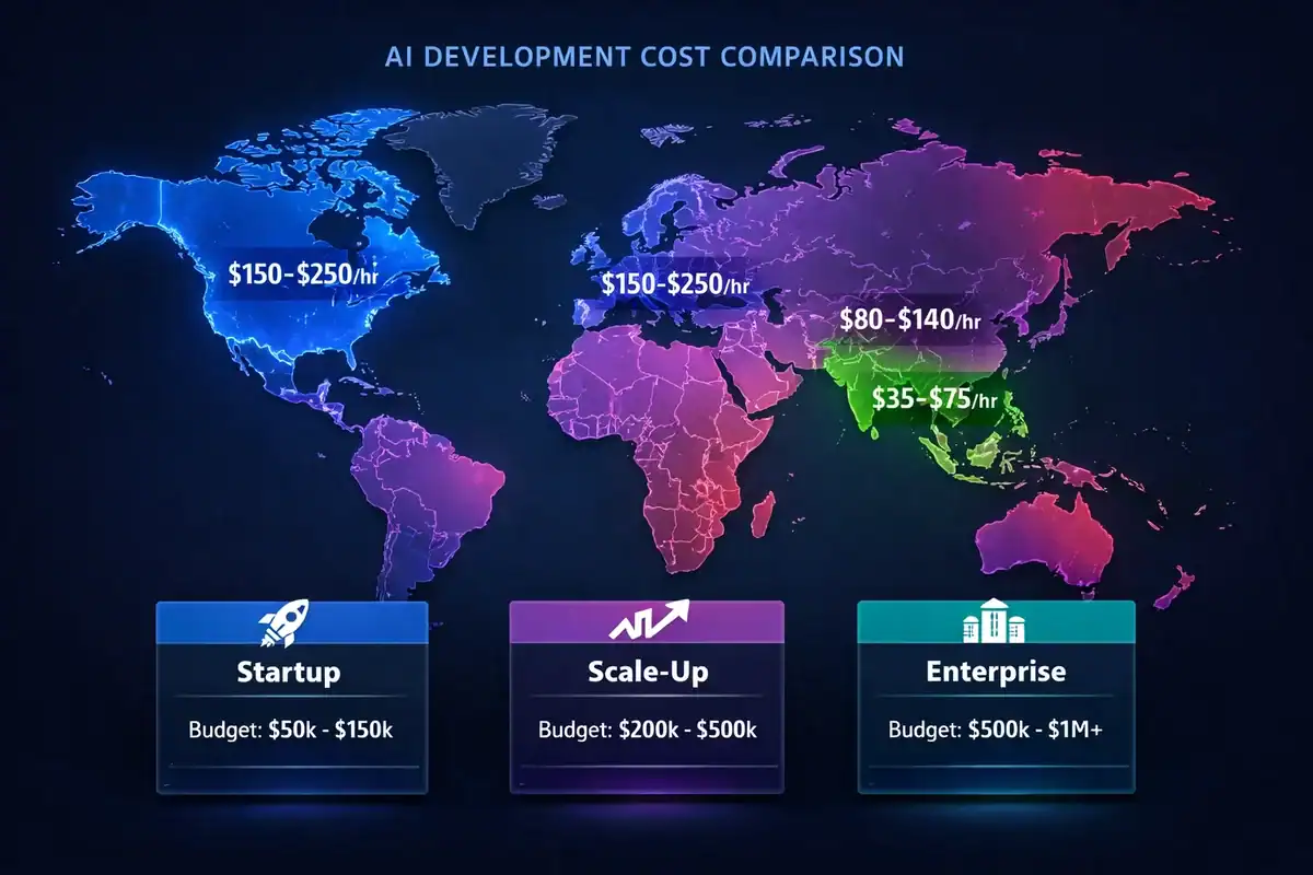 ai-development-cost-comparison-global-map World map infographic comparing AI development hourly rates by region: North America and Europe at 150–250/hr, East Asia at 80–140/hr, and Southeast Asia at 35–75/hr, with budget tiers for Startup (50k–150k), Scale-Up (200k–500k), and Enterprise (500k–1M+).