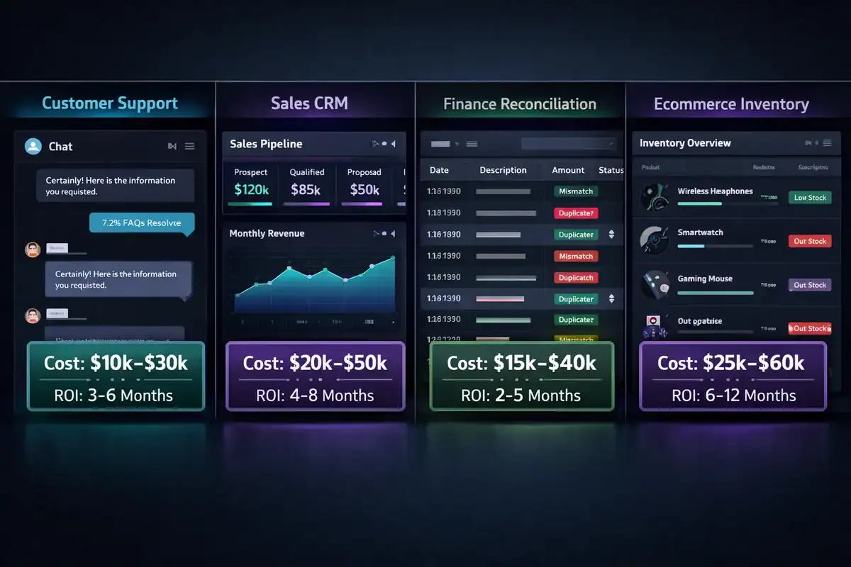 ai-use-case-cost-roi-comparison Comparison of four AI implementation use cases — Customer Support (10k–30k, ROI 3–6 months), Sales CRM (20k–50k, ROI 4–8 months), Finance Reconciliation (15k–40k, ROI 2–5 months), and Ecommerce Inventory (25k–60k, ROI 6–12 months).