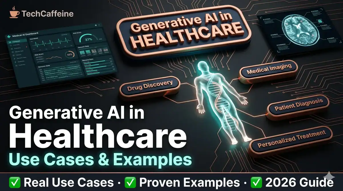 Generative AI in Healthcare use cases and examples infographic showing medical AI dashboard, DNA-based personalized treatment, patient diagnosis, medical imaging, and drug discovery concepts with futuristic healthcare visuals