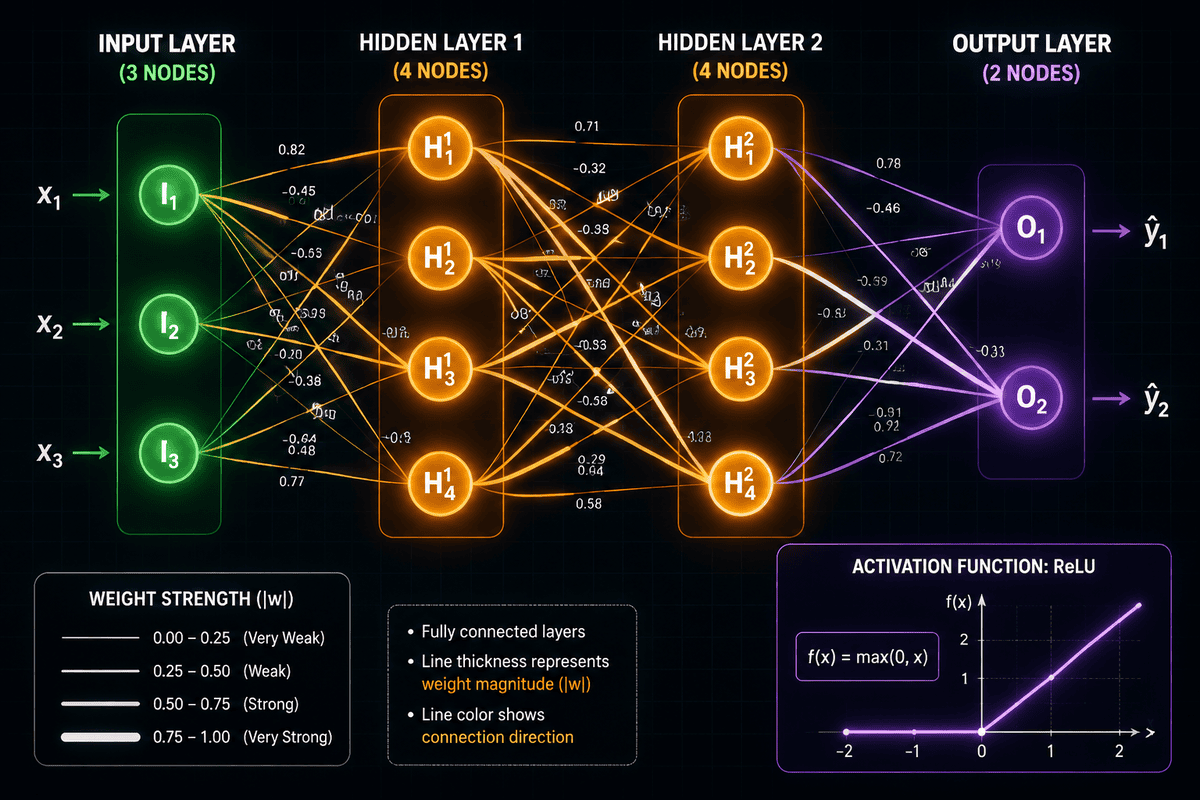 Diagram showing input, hidden, and output layers of a neural network with connections.