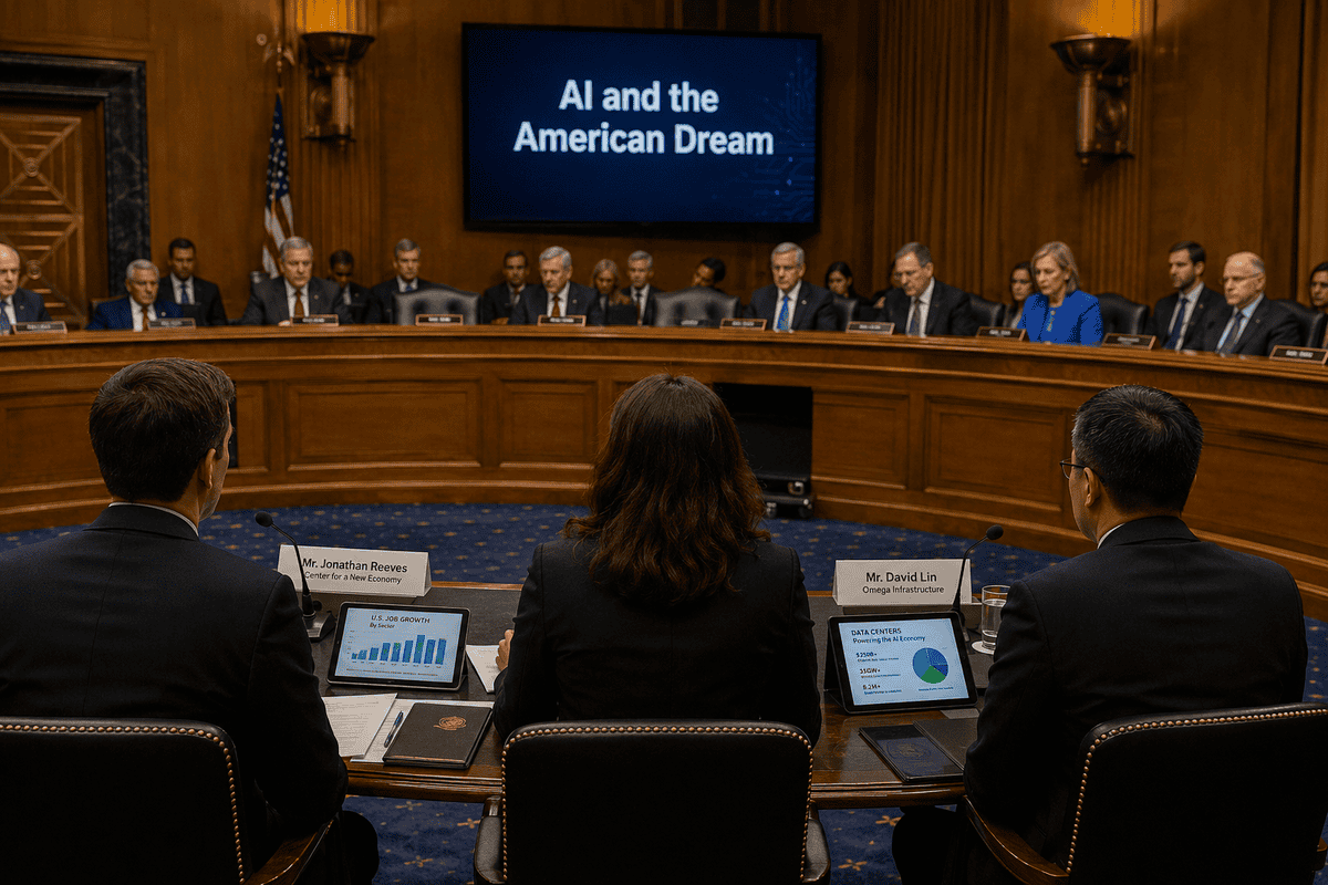 Panel of professionals discussing AI's impact on the American Dream in a formal conference setting.
