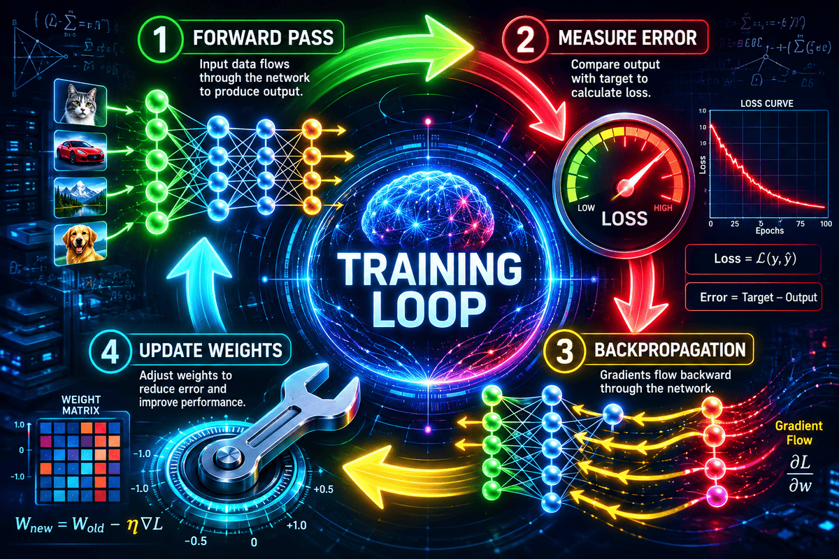 Diagram of neural network training process with forward pass, error measurement, backpropagation,.