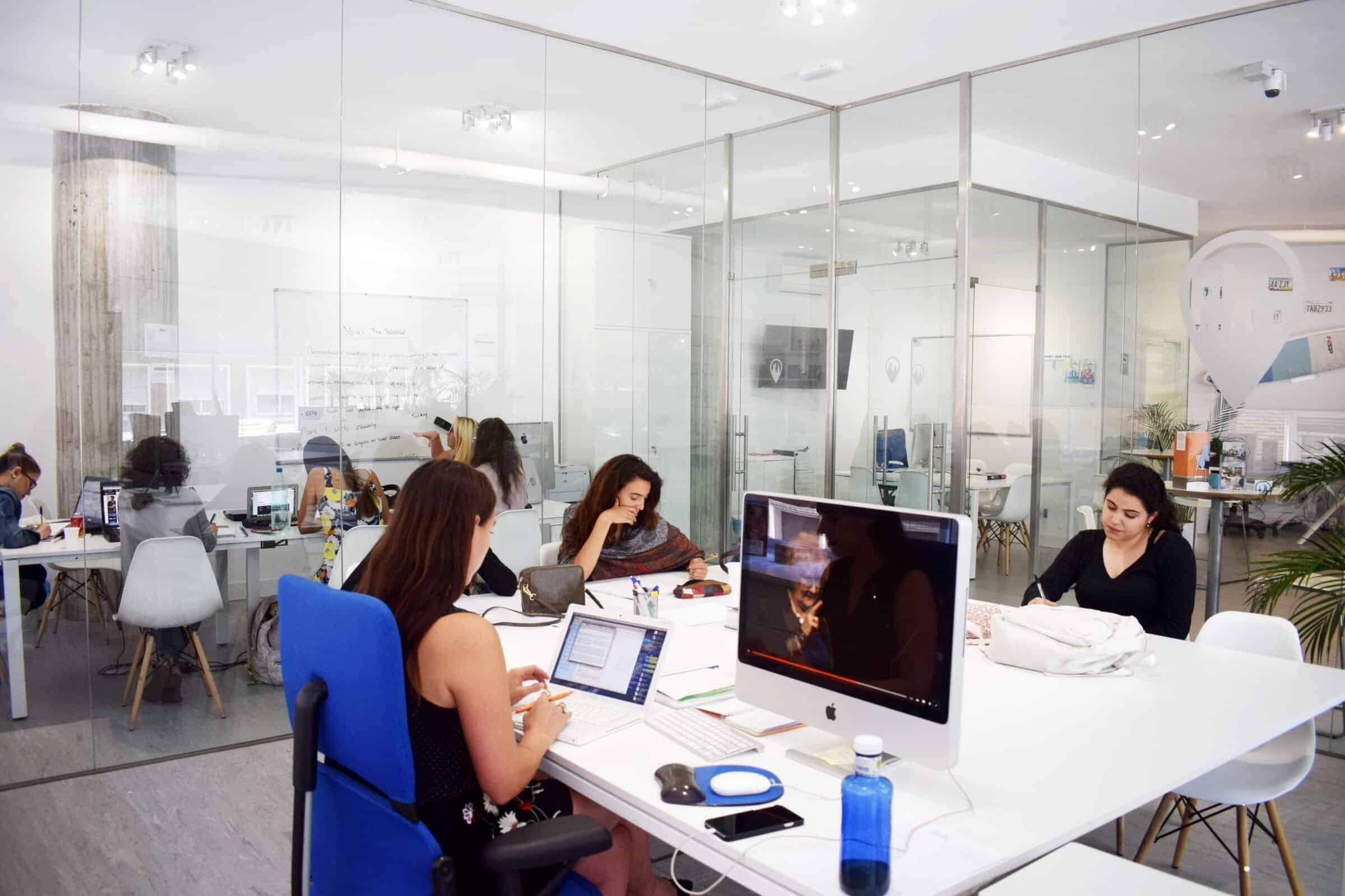Students preparing English lessons in a classroom at TEFL Madrid Academy