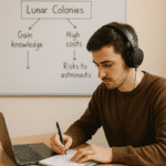 Alumno practicando técnicas de notetaking TOEFL Listening con pizarra y auriculares