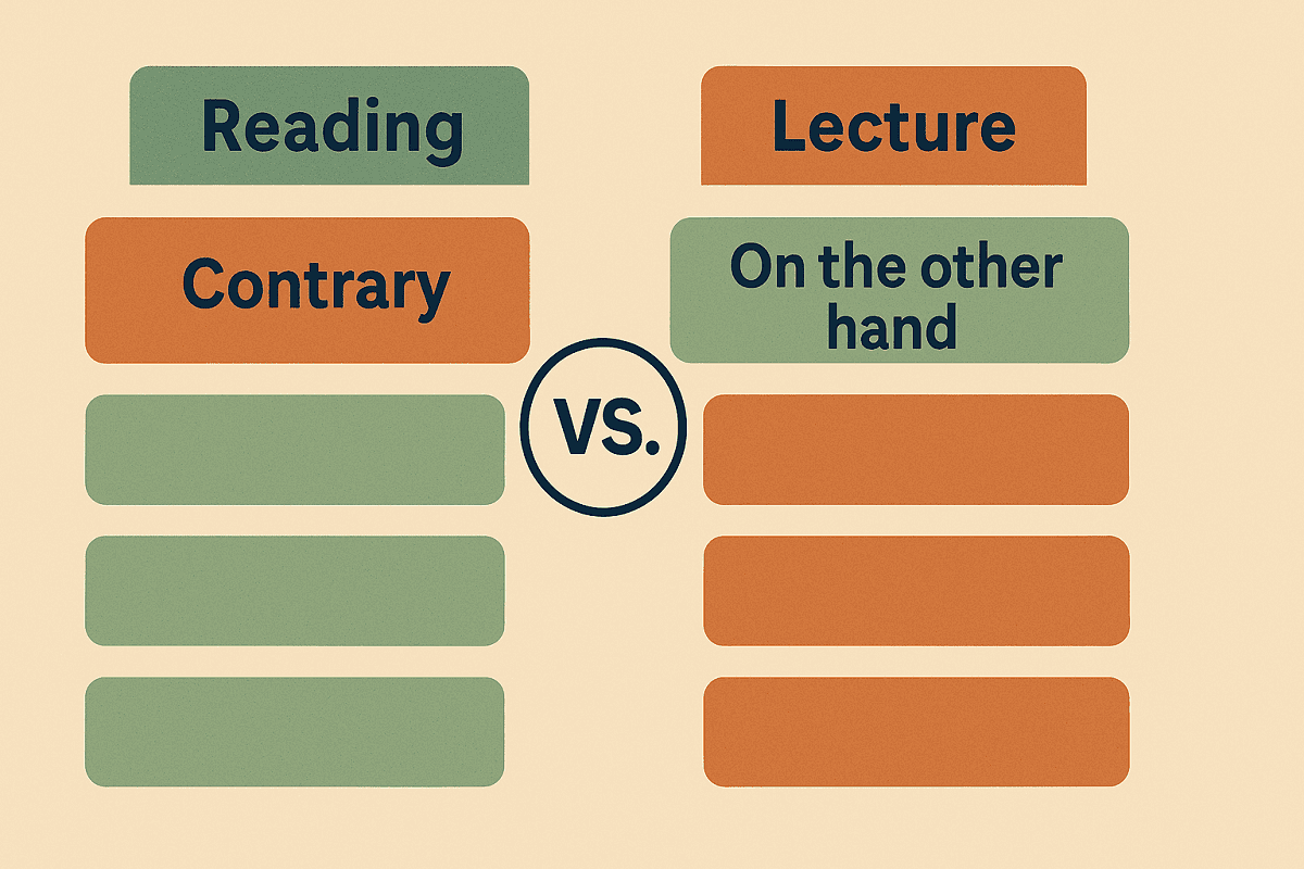 Plantilla de ensayo integrado TOEFL lectura vs. conferencia con conectores de contraste