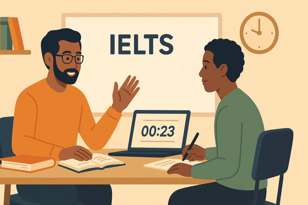 Profesor preparando a un estudiante para el examen IELTS en clase privada