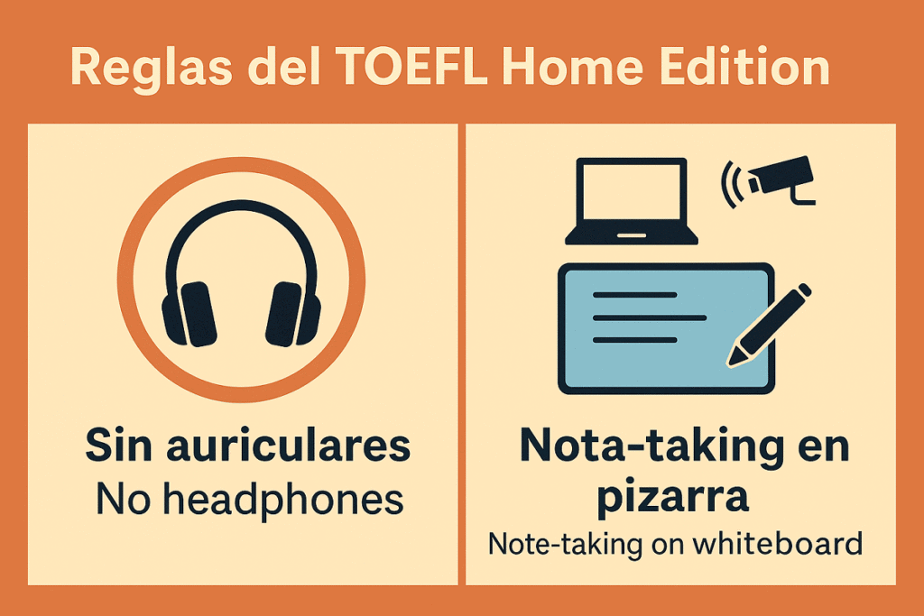 Reglas del TOEFL Home Edition sin auriculares y notas en pizarra