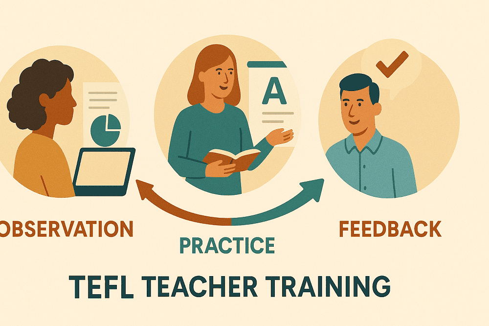 Infographic showing observation, practice, and feedback cycle in TEFL teacher training