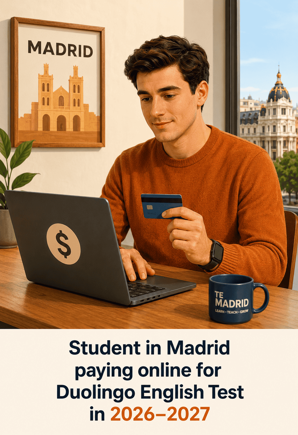 Estudiante en Madrid pagando online el Duolingo English Test 2026-2027 con tarjeta