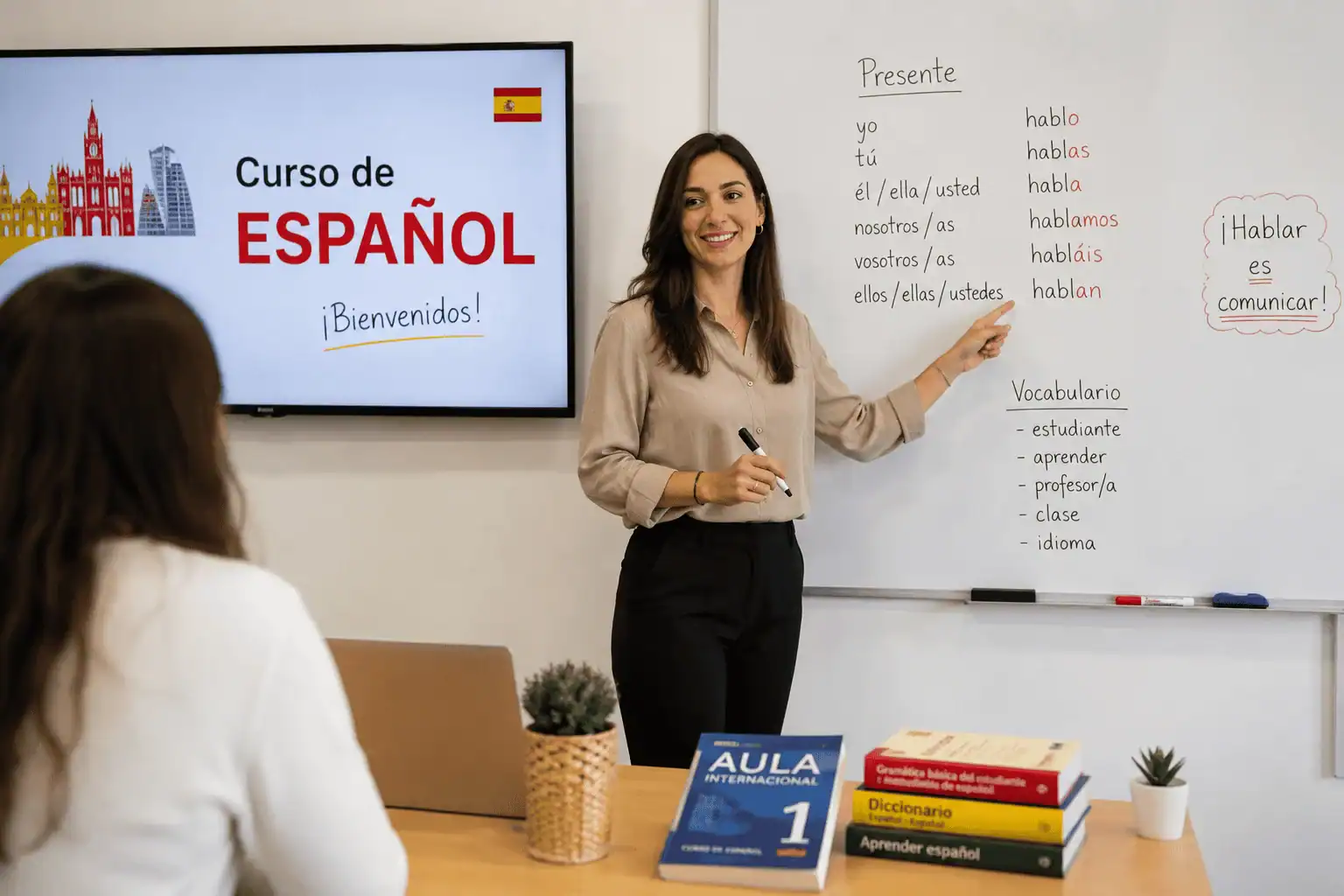 Spanish teacher explaining present-tense verb forms on a whiteboard to an adult student in a classroom in Madrid