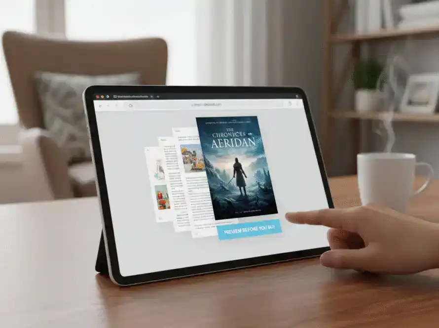 Person browsing eBooks on tablet at home.