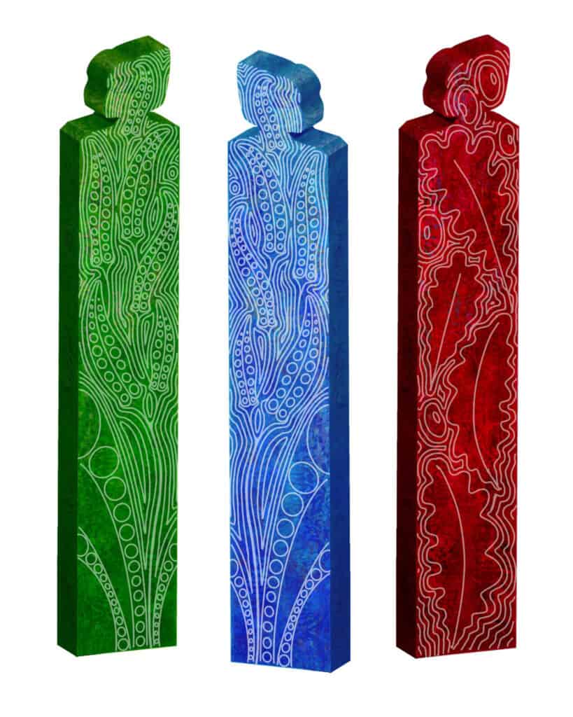 Colorful abstract sculptures with detailed line art in green, blue, and red.