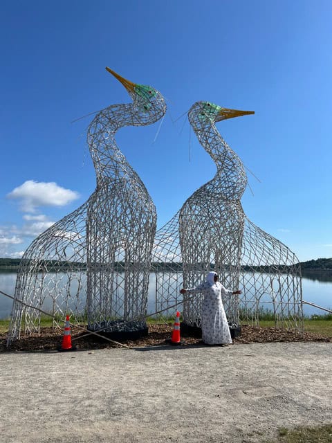 Elegant wire sculptures of two swans with golden beaks at the community event.