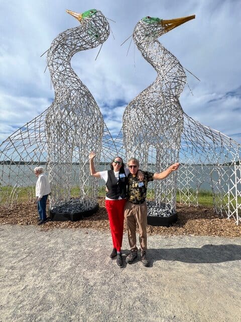 Elegant metal peacock sculptures at the community opening of "Dancing for Joy".