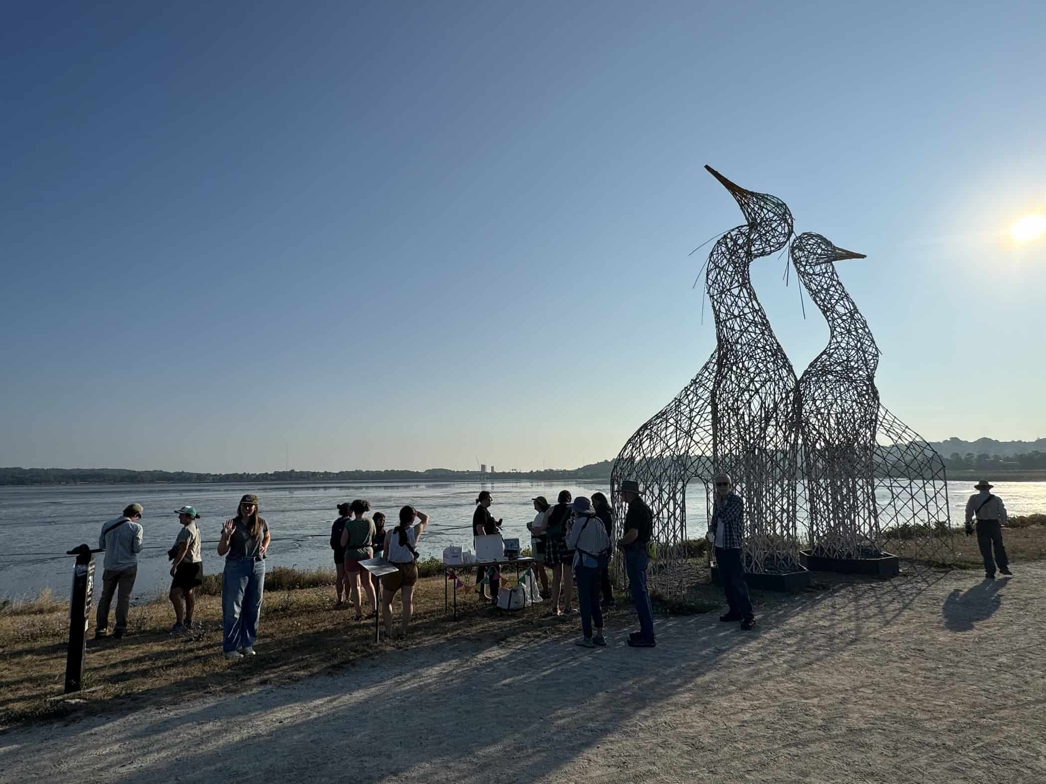 Large wire sculpture of two abstract birds by the water at sunset.