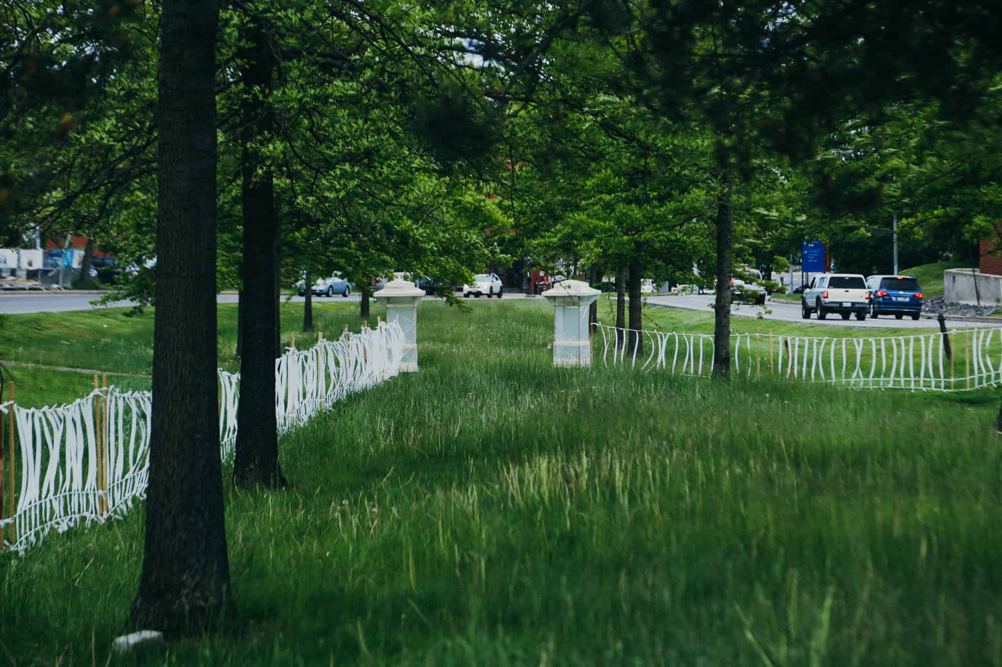 Green park with trees, grass, and white decorative fencing.