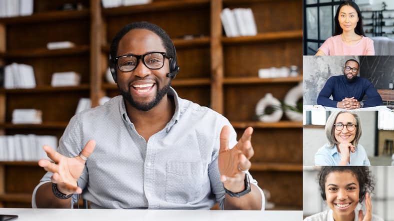 Nonprofit executive conducting a virtual interview in a professional setting that reflects strong workplace culture and leadership.