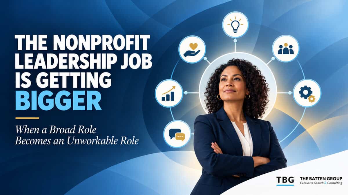 Nonprofit executive surrounded by icons representing fundraising, operations, communications, people and strategy as leadership responsibilities expand.
