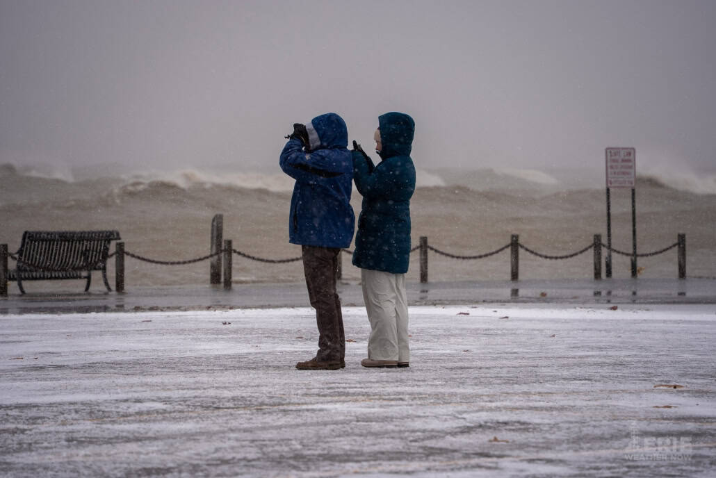 High winds and snowstorm at the waterfront during winter.