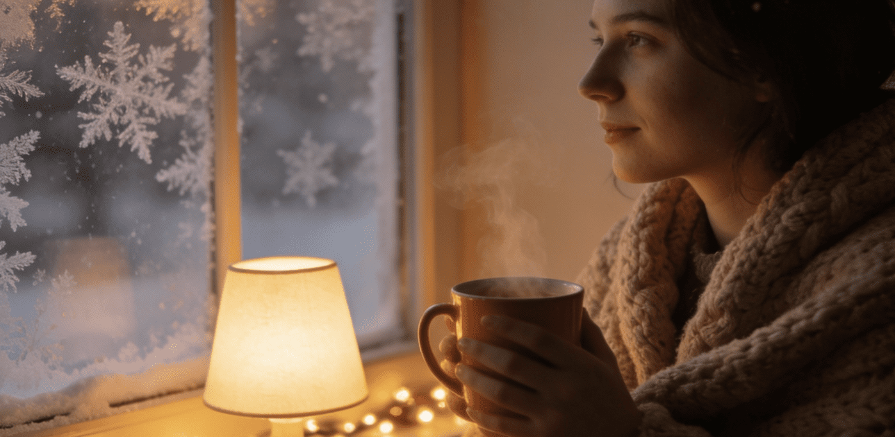 Woman with mug, cozy blanket, frosted window with snowflake designs, soft indoor lighting, holiday ambiance.