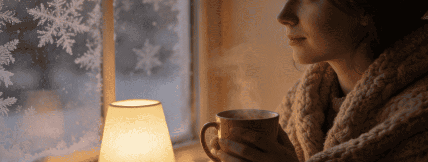 Woman with mug, cozy blanket, frosted window with snowflake designs, soft indoor lighting, holiday ambiance.