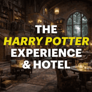 Gorgeous hotel library inspired by Harry Potter with tall bookshelves, cozy seating, and magical ambiance.