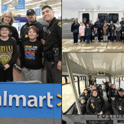 Children and police officers outside a police vehicle and inside a police bus.