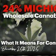 High-quality image of cannabis and map of Michigan with headlines about cannabis tax.