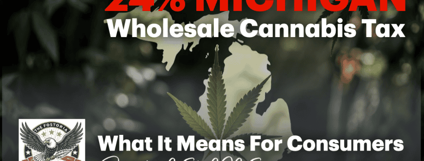 High-quality image of cannabis and map of Michigan with headlines about cannabis tax.