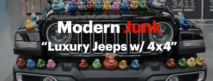 Modern Junk Jeep decorated with colorful rubber ducks in an indoor shopping mall parking lot.