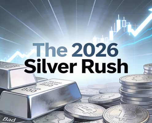 Silver coins and bars with stock chart background representing the 2026 Silver Rush trend.