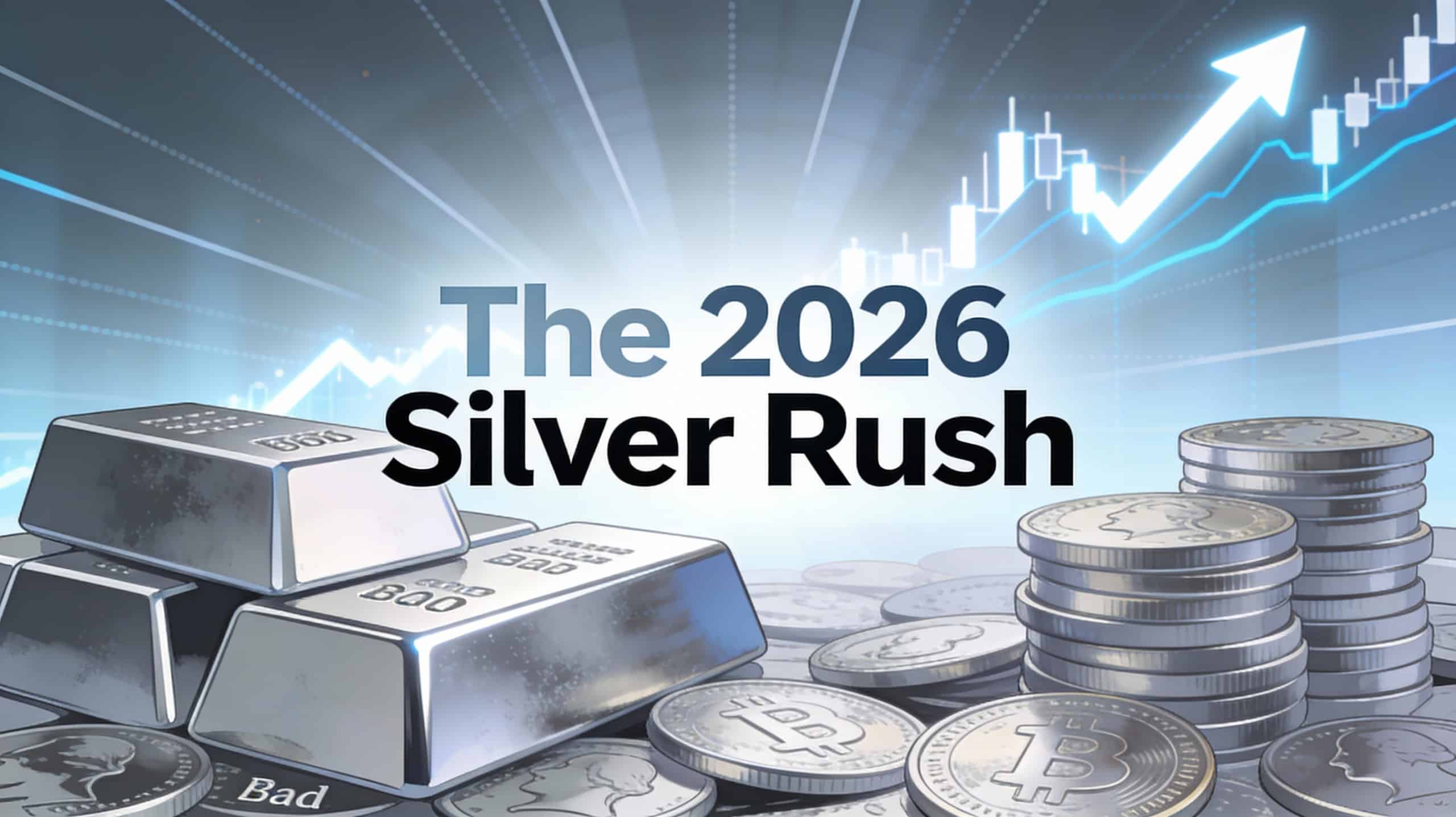 Silver coins and bars with stock chart background representing the 2026 Silver Rush trend.