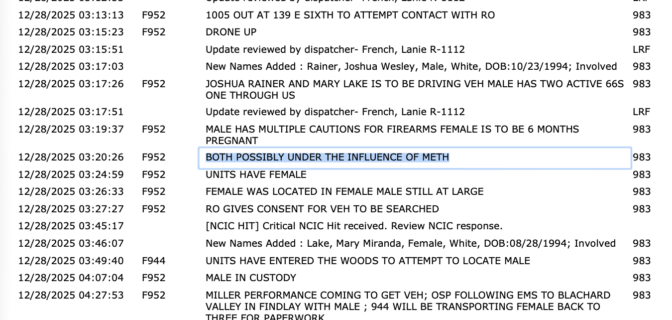Suspected drug influence and local crime reports in Fostoria, Ohio.