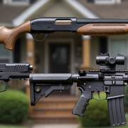 Fostoria News Two modern firearms with wooden and black finishes on a residential lawn.