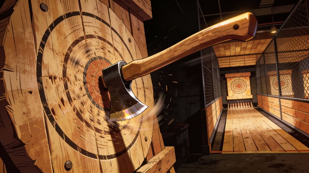 Axe swinging at wooden target in axe throwing bar, indoor recreational activity, fun with friends.