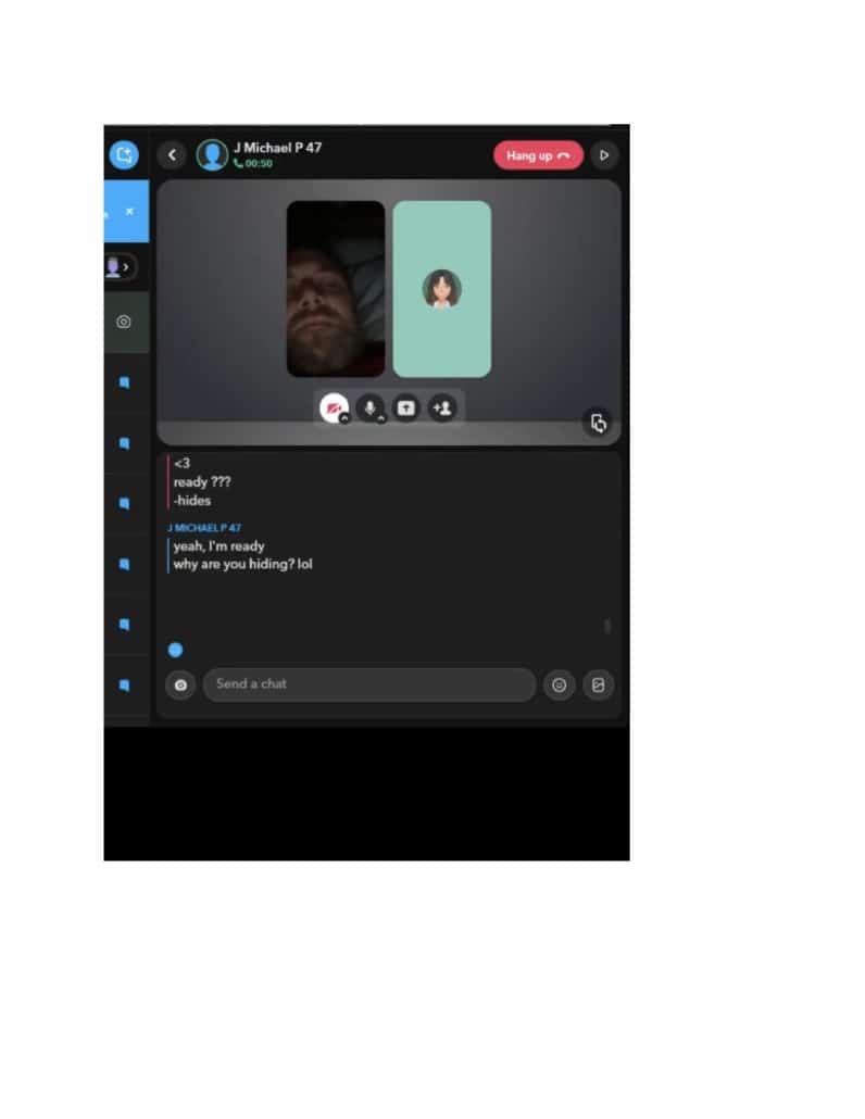 A woman and man engaging in a video call on a smartphone screen, with chat messages visible.