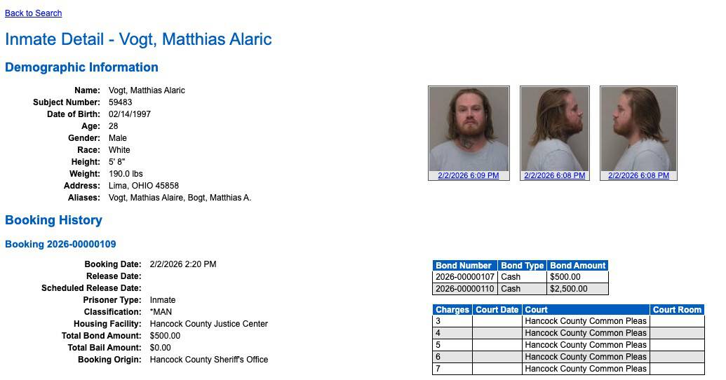 Fostoria News Inmate portrait of Matthias Alaric with booking details and charges.