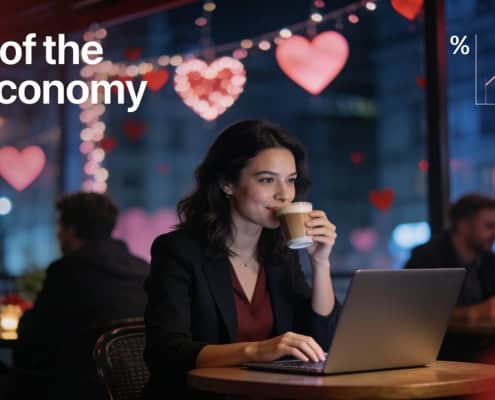 Rise of the SHEconomy with a woman enjoying coffee at a laptop in a cozy cafe setting.