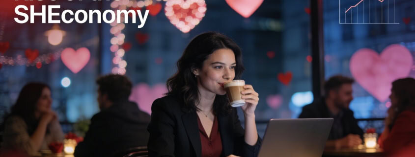 Rise of the SHEconomy with a woman enjoying coffee at a laptop in a cozy cafe setting.