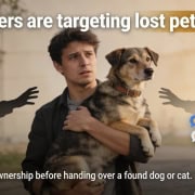 Scammers targeting lost pets online warning with a man holding a dog and a phone showing a suspiciou.